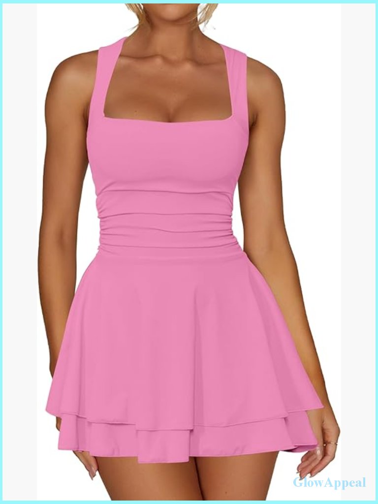 Square Neck Ruffle Hem Mini Dress Ruched Waist Party Dress